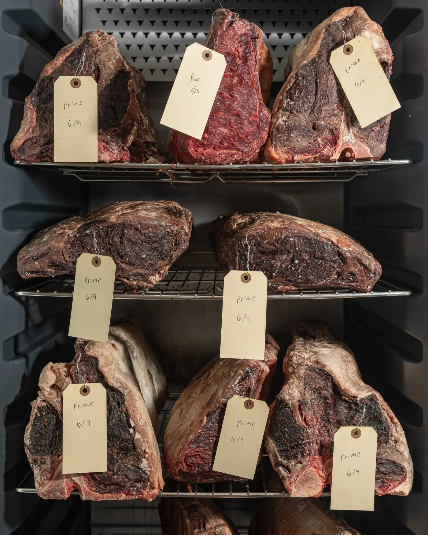 Three tiers of the rack, each cut tagged with its date