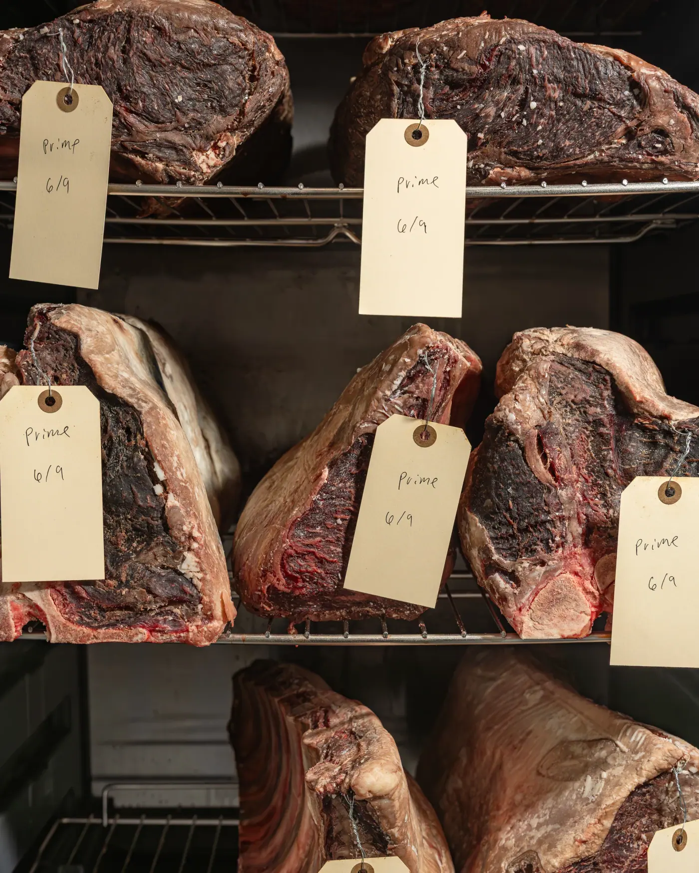 Tagged whole primals hanging in the dry-age cellar