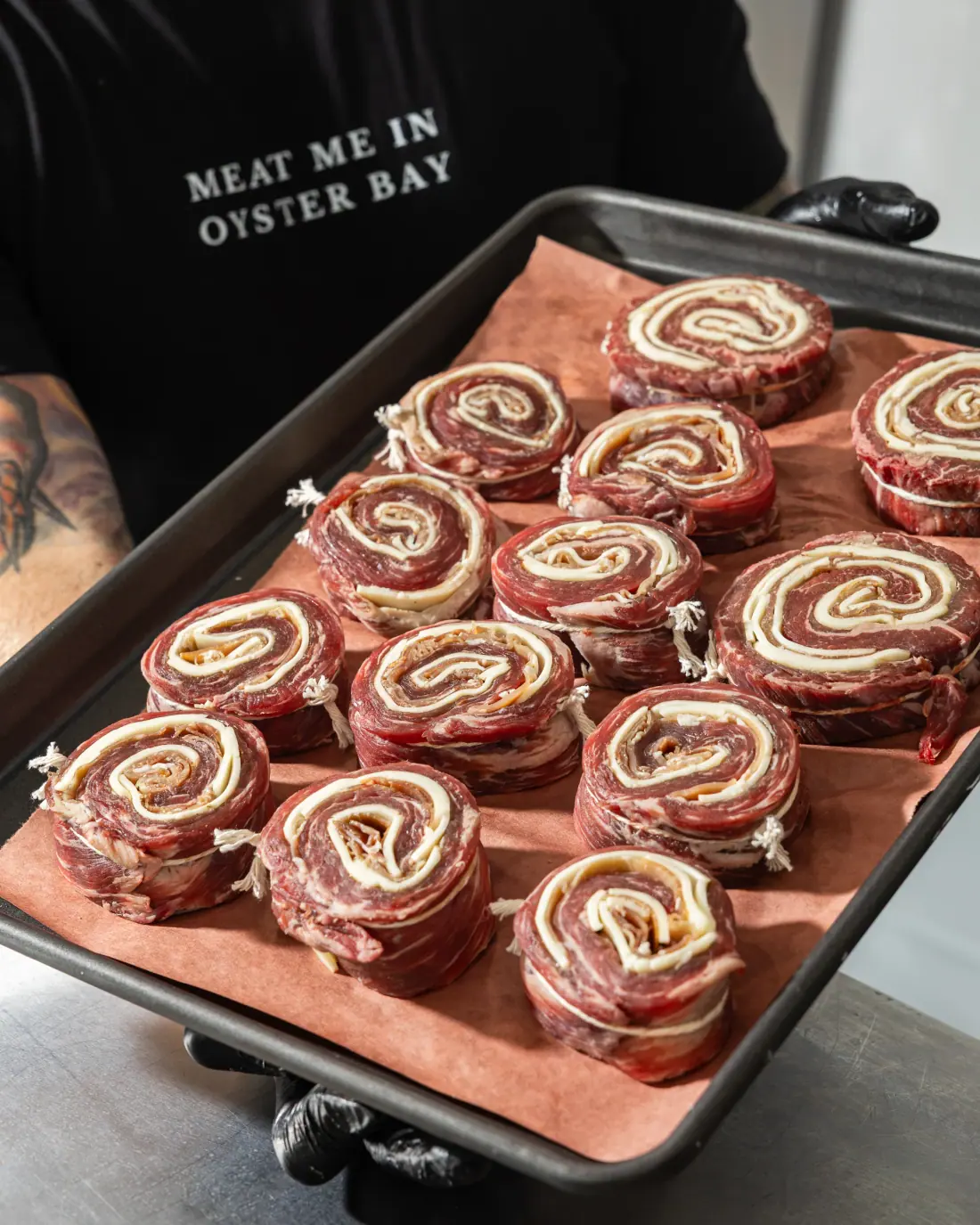 Flank steak pinwheels rolled and tied